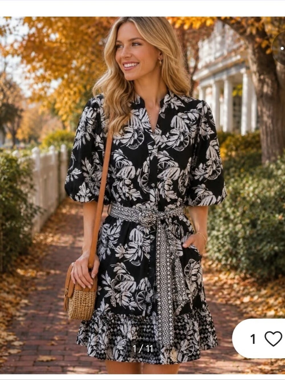 Crown And Ivy Floral Puff-Sleeve Belted Dress in Coral and White Also In Black